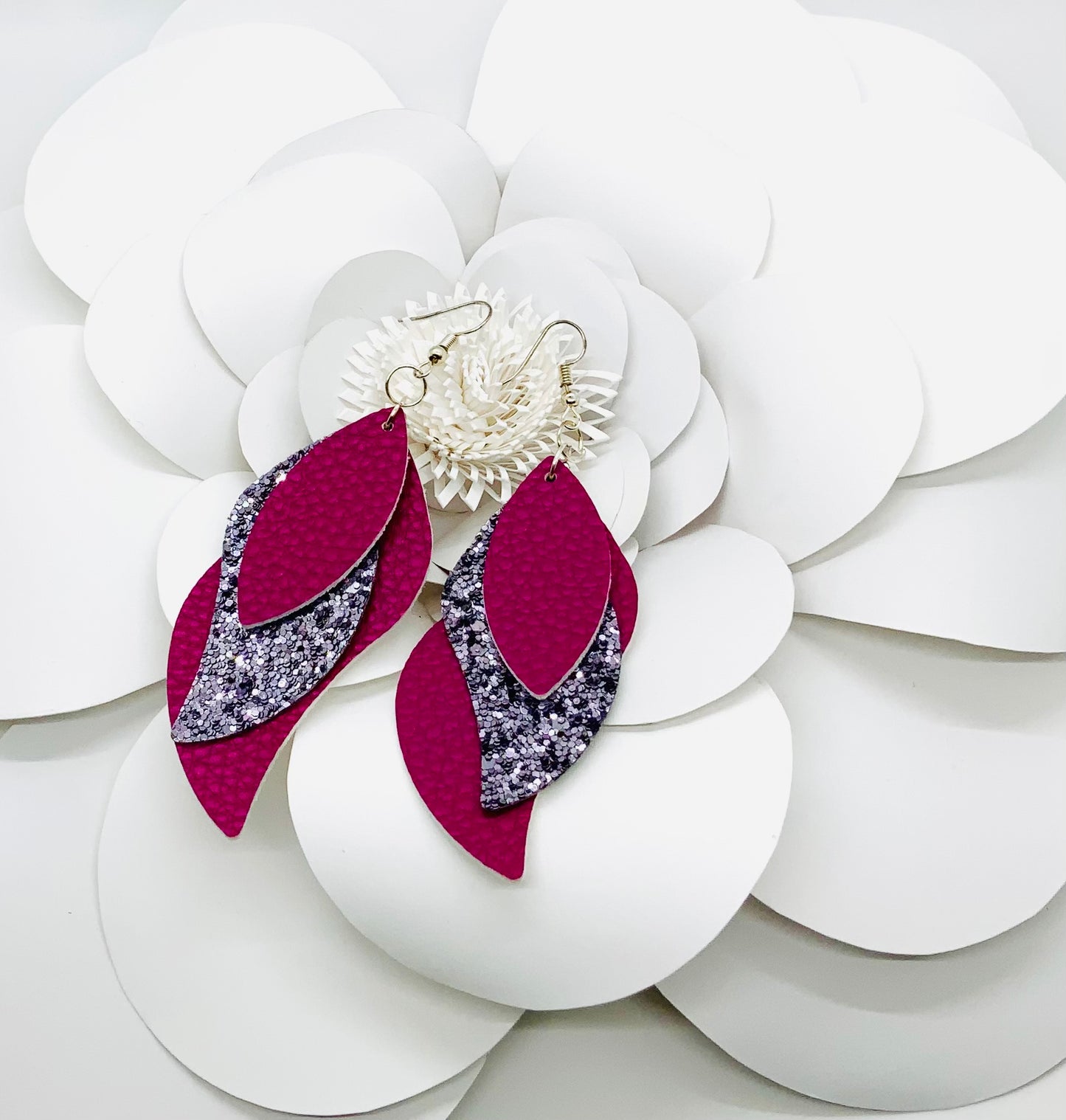 Silver and Pink Faux Leather Earrings - BeautiesbyHand