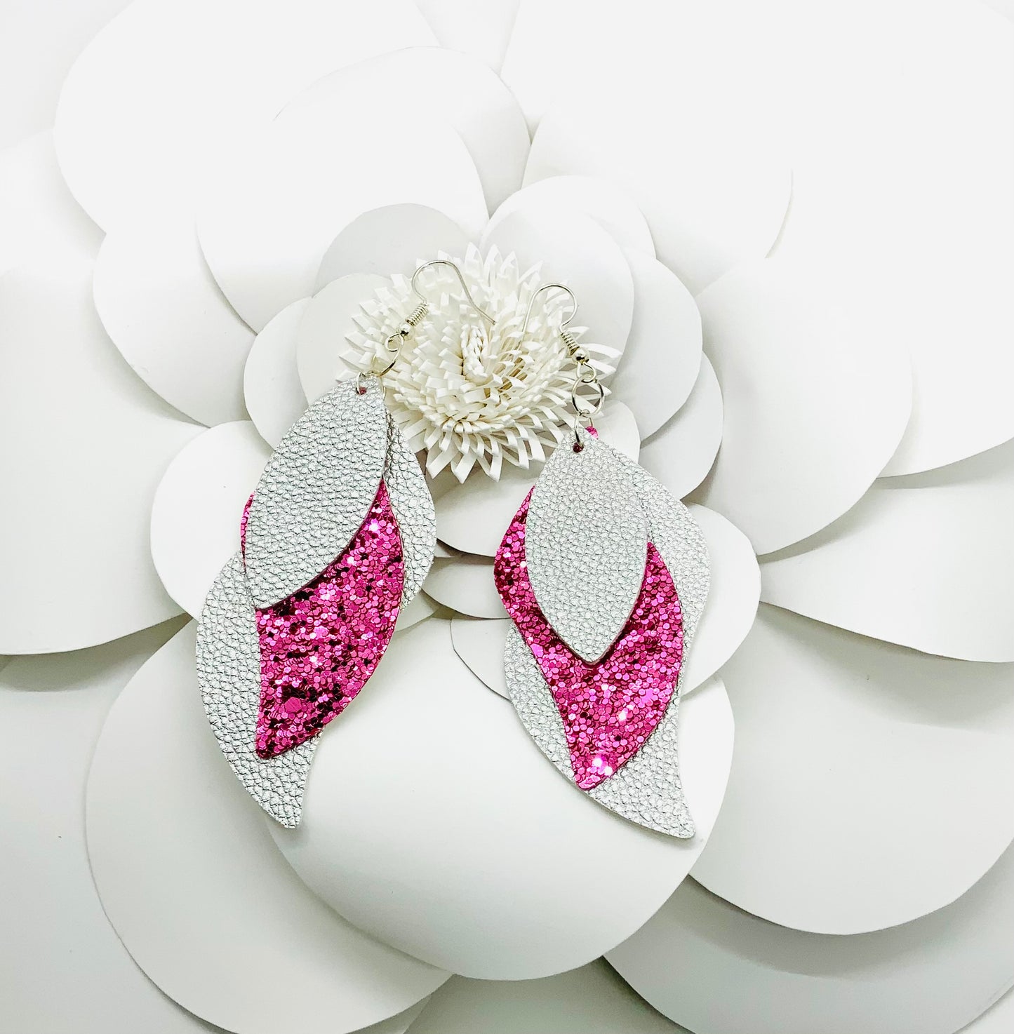 Silver and Pink Faux Leather Earrings - BeautiesbyHand