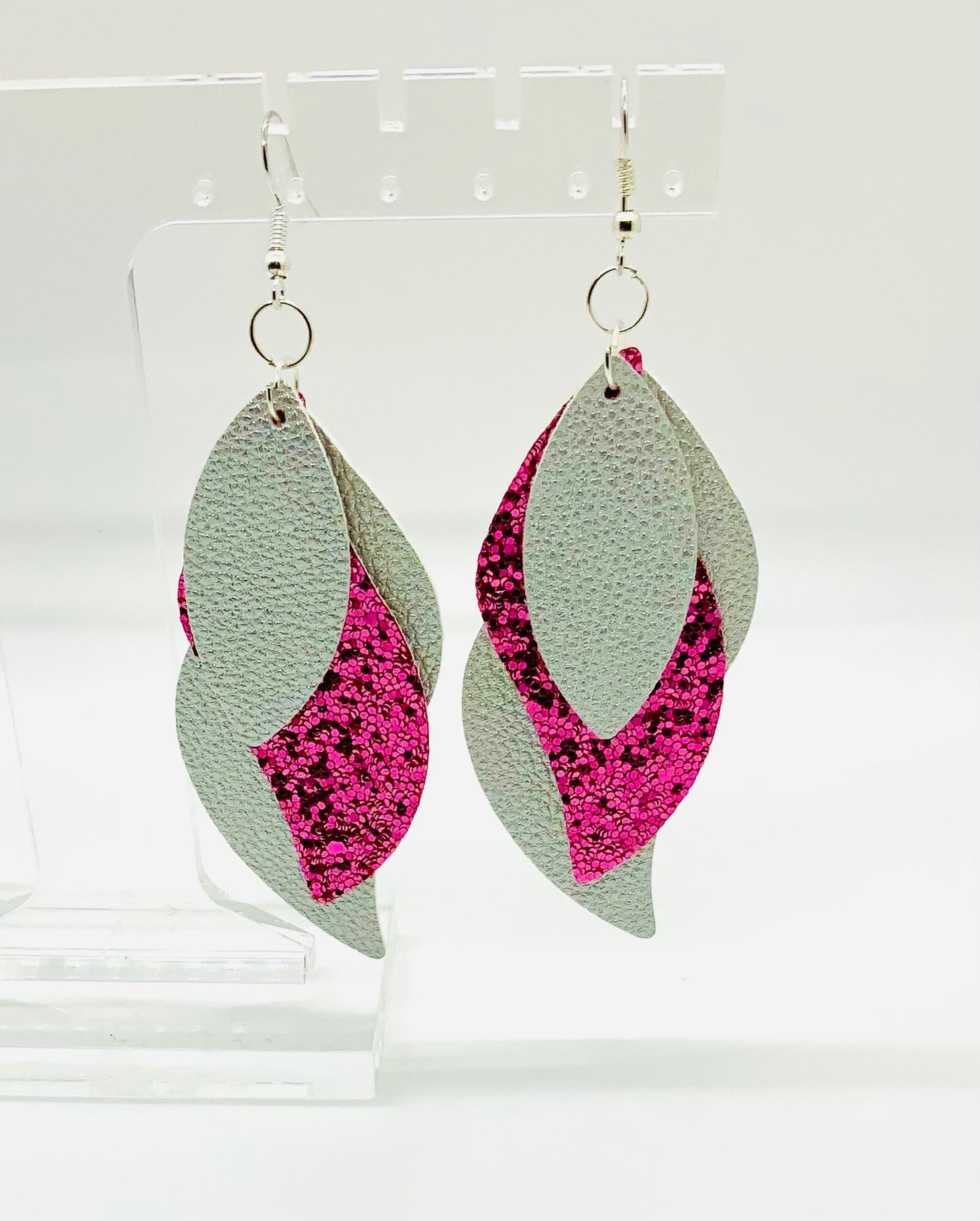 Silver and Pink Faux Leather Earrings - BeautiesbyHand